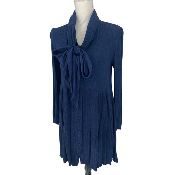 Sezane Selena Tie Neck Long Sleeve Navy Blue Tiered Dress - Picture 9 of 15